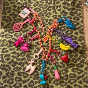 Vintage 1980's Plastic Bell Clip On CHARM NECKLACE 11 charms liberty fruit cat